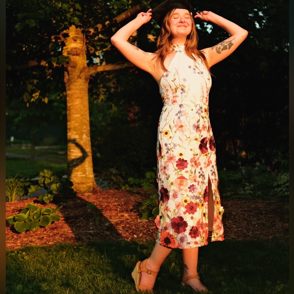 Lulu's Unique Impression Ivory 3D Floral Embroidered Halter Midi Dress